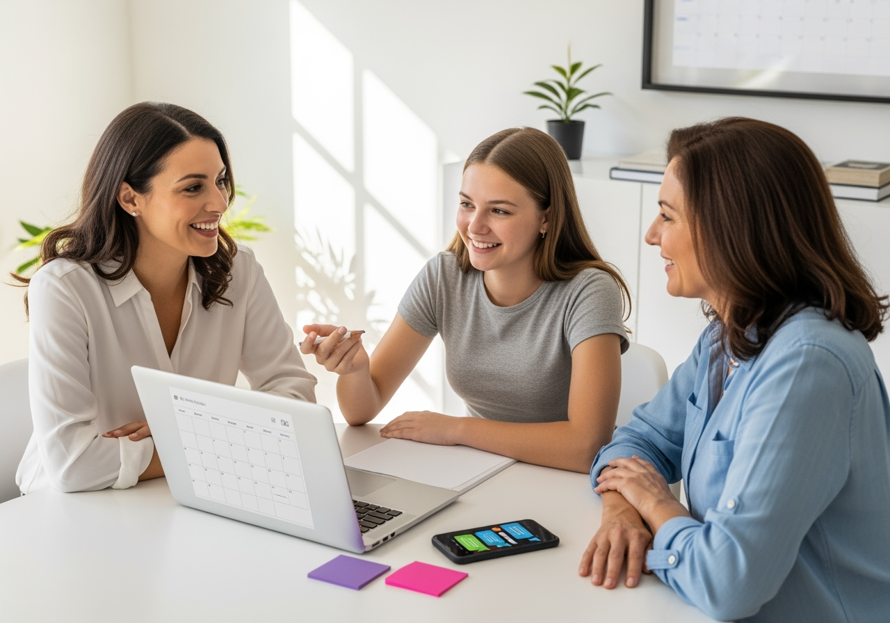 Tutor, estudiante y familia revisando el progreso en casa
